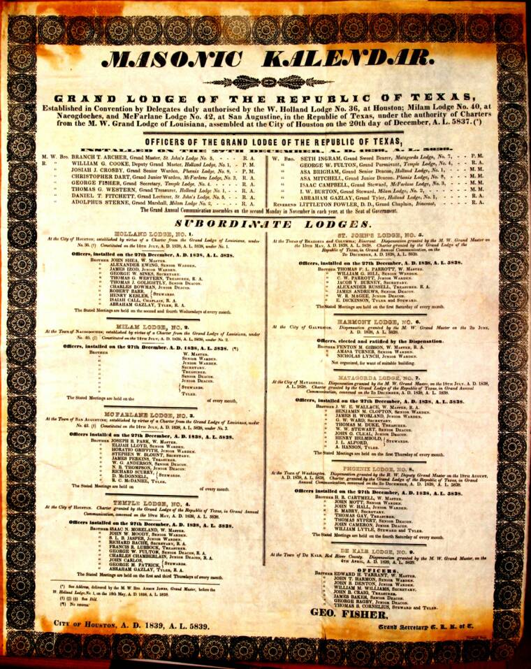 1839 Grand Lodge of Texas, Masonic Calendar
